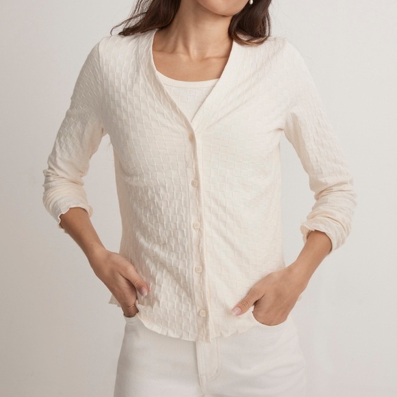 Madewell Checkerboard Jacquard Cream Textured Button-Up Blouse - Picture 1 of 15
